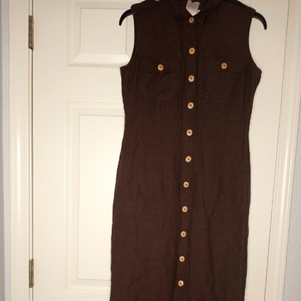 Evan Picone Women's Dress sz 6 Linen Blend Brown Sleeveless Pockets Button Down.